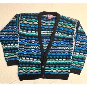 Vintage 80s 90s Concrete Knit Cardigan Sweater Geometric Pattern 3D Knit Small